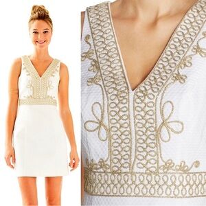 Lilly Pulitzer Aveline White Sleeveless Dress with Gold Embroidered Trim